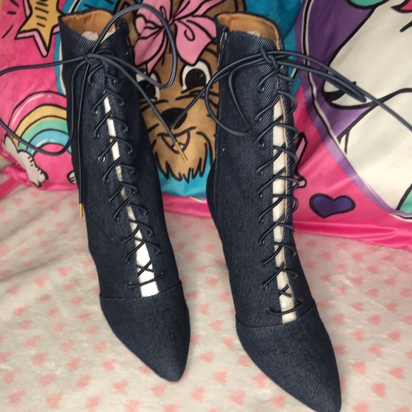 Blue Denim Pointed Ankle Booties. - Picture 3 of 6
